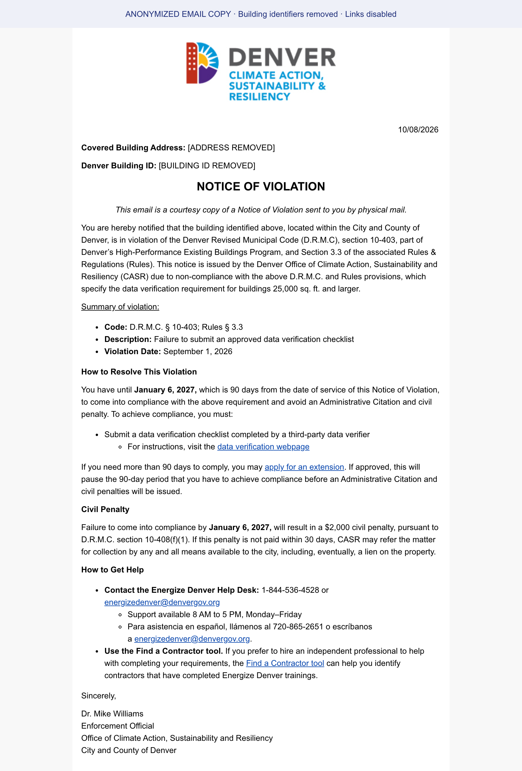 Anonymized October 8 notice showing the data verification issue, January 6 deadline, extension language, and civil penalty