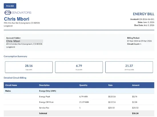 An itemized energy bill generated by the ADM Director, showing peak and off-peak kWh, rates, and a service fee